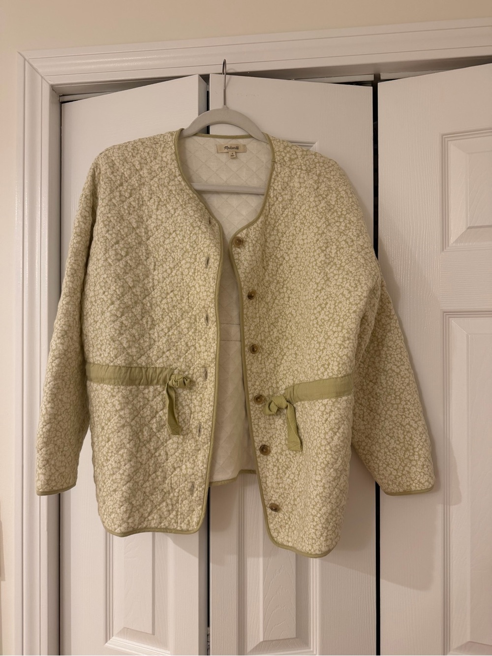 Madewell Cream Quilted Jacket with Light Green Trim